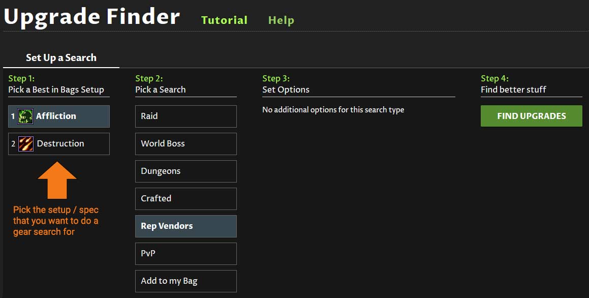 TBC classic upgrade finder, choose a spec